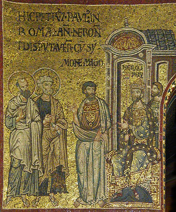 The holy Apostles Peter and Paul before Nero. Byzantine mosaic.
