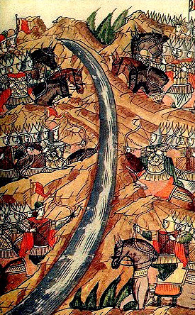 Standoff on the Ugra.1480. Miniature from the 16th c. chronicles.