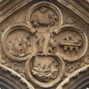 Четырехлистник в аббатстве Кроуленд, изображающий сцены из жития святого Гутлака (XIII в.)