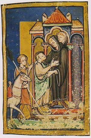 Св. Бойсил встречает св. Кутберта в монастыре Мелроуз. Миниатюра XII века, сейчас в Британской библиотеке