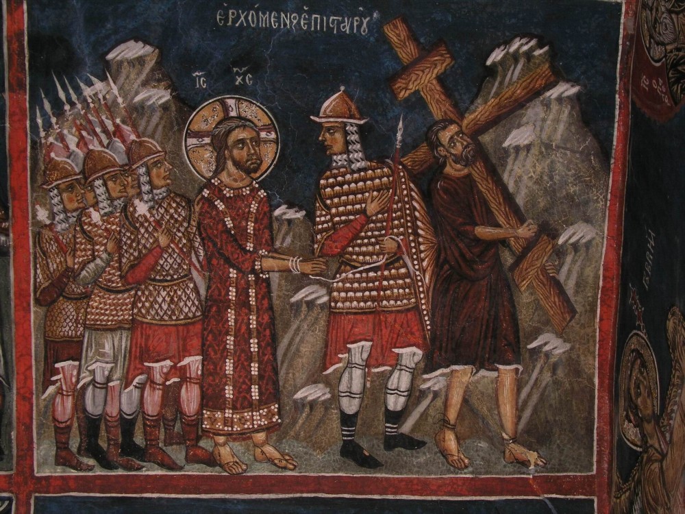 Holy and Great Friday. Simon the Cyrenean helps the Lord carry His cross. Fresco in Cyprus.