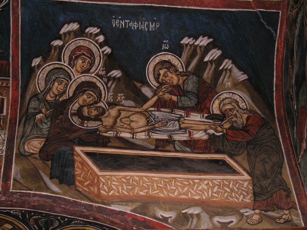 Holy and Great Friday. Placing Christ in the tomb. Fresco in Cyprus.