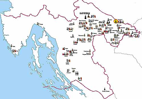 Карта Горно-Карловацкой епархии с обозначением церковных объектов, пострадавших во время войны 1991-1995 гг.