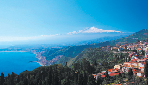 Taormina, Sicily, with Mt. Aetna in the background.