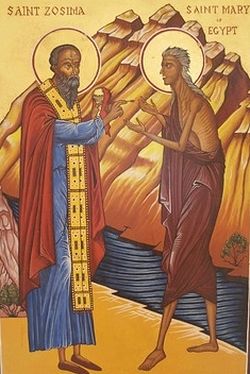 St. Zosimos giving Holy Communion to St. Mary of Egypt.