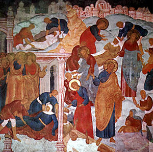 Смерть Анании и Сапфиры. Фреска Троицкого собора в Ипатьевском монастыре . 1685 г.