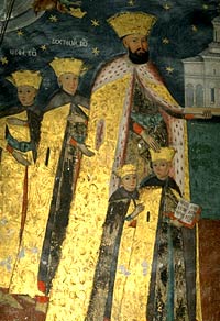 Константин Брынковяеу с сыновьями. Фреска монастыря Хурези.