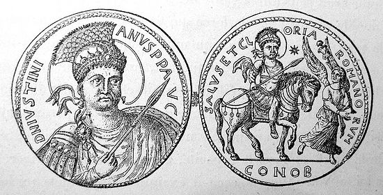 Византийская монета с изображением статуи Юстиниана