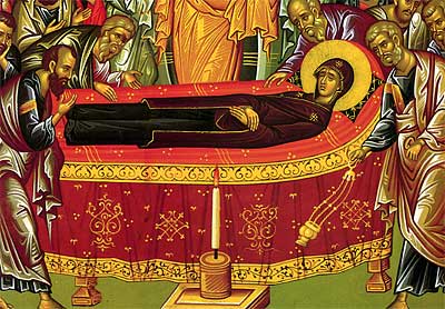 5. The Theotokos lies in the center of the icon surrounded by the Apostles and a candle in front of her bed (detail).