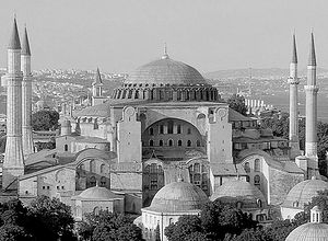Hagia Sophia, the Church of the Holy Wisdom, present day, surrounded by minarets.