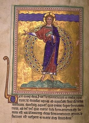 The creation of the firmament and division of the waters, from the Aberdeen Bestiary