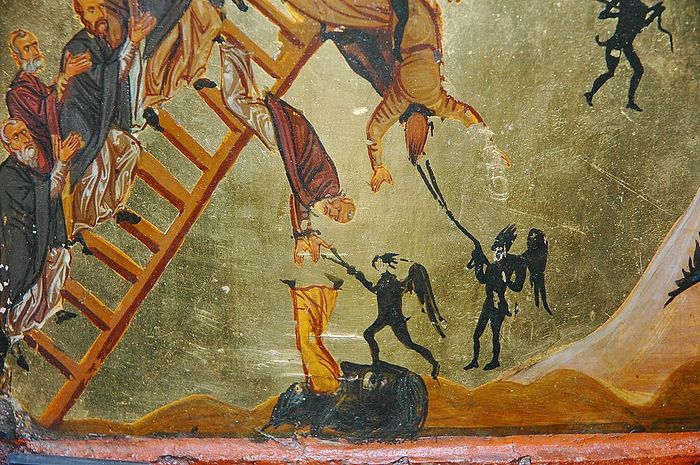 Demons warring against monks. Fragment from the icon, “The Ladder of the Virtues.”
