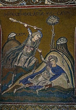 Cain kills Abel. A fresco in Monreale, Sicily.