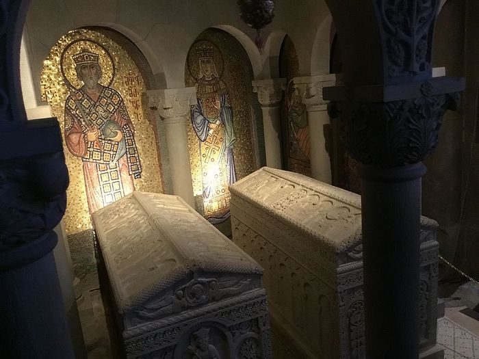 The tombs of revered kings and queens of Georgia in the catholicon of the Holy Samtavro Monastery, Mtskheta, Georgia