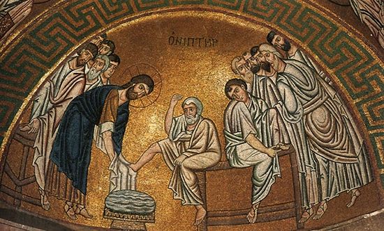 Омовение ног апостолам. Византийская мозаика начале 11 века. Греция. Монастырь Осиос Лукас