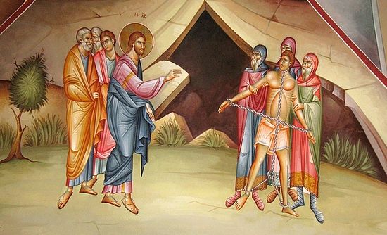 Christ heals the Gadarene demonaic. Fresco in the church on Mt. Tabor. Photo: Anton Pospelov/Pravoslavie.ru