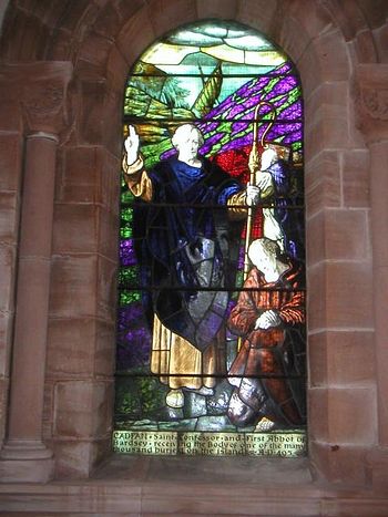 A stained glass image of St. Cadfan (source - Stainedglass.llgc.org.uk)