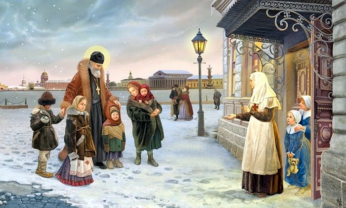 Св. Иоанн Кронштадтский приводит бездомных детей в приют