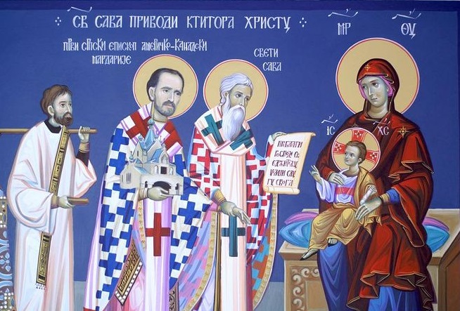 St. Mardarije, being led by the hand by St. Sava to offer the monastery in Libertyville to the Lord. Photo: miloje.org