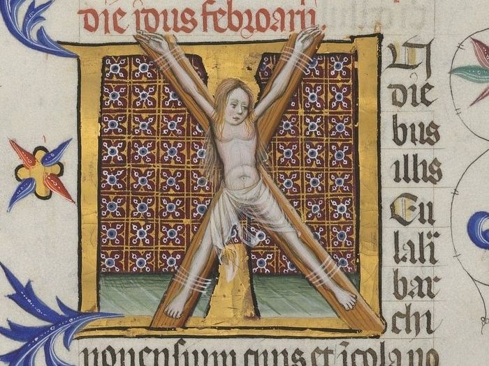 Распятие святой мученицы Эулалии (миниатюра из средневековой рукописи)