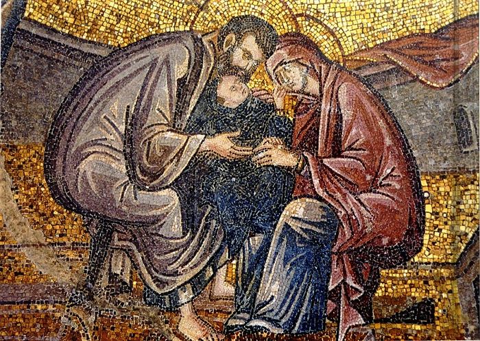 The Nativity of the Most Holy Theotokos. The Caressing of Mary. Mosaic in Chora Monastery in Constantinople, 14th C.