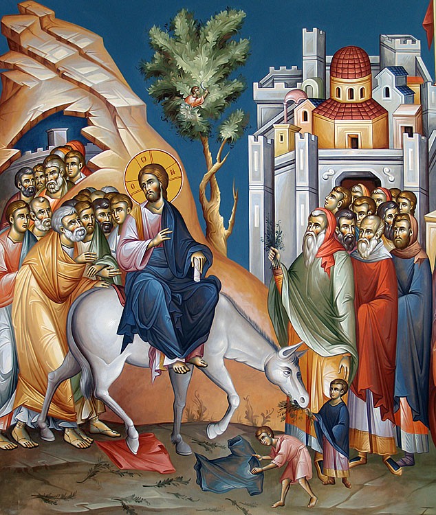 The Entry of the Lord into Jerusalem. Modern fresco by Mamatsios Giorgios.