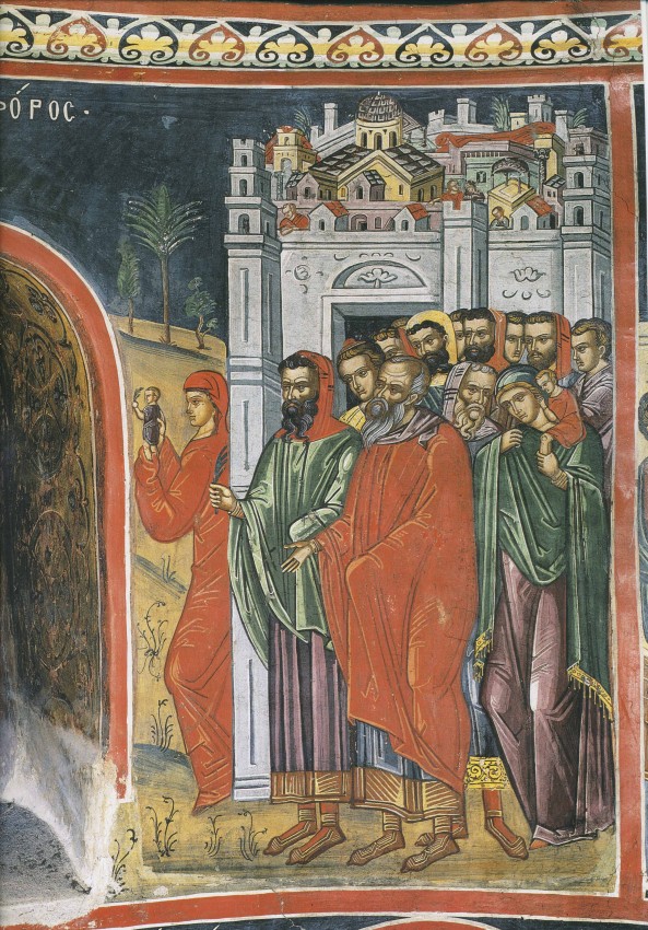 The Entry of the Lord into Jerusalem. Fresco in Dionysiou Monastery, Mt. Athos.