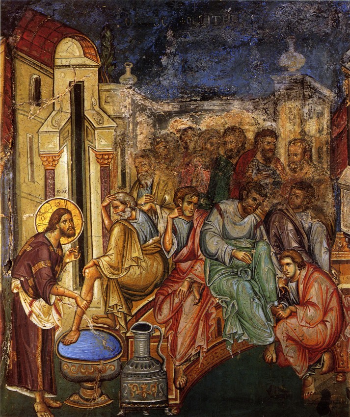 Holy and Great Thursday. Washing the feet of the Apostles. Early 14th c. Fresco in Vatopedi Monastery, Mt. Athos.