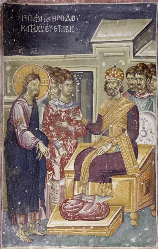 Holy and Great Friday. Christ  before Herod. Fresco in Staro Nagoricno, Macedonia. 12th-14th c.