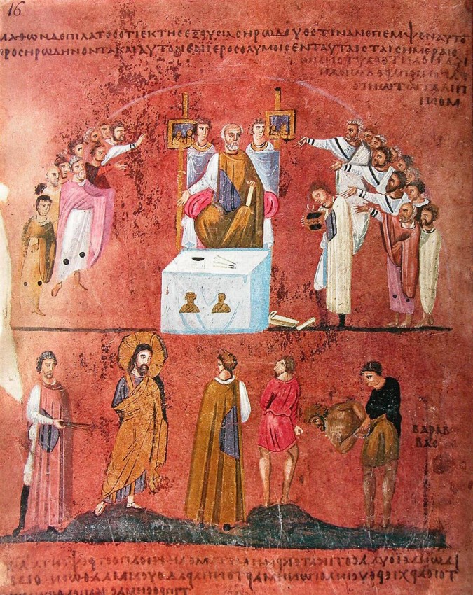 Holy and Great Friday. The Jews demand Christ's death: "Crucify Him!" 6th c. Miniature from the Rossano Gospels. Rosano museum, Italy.