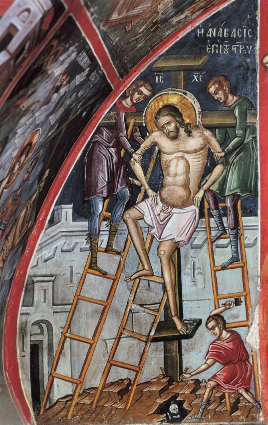 Holy and Great Friday. Christ nailed to the Cross. Fresco in Dionysiou Monastery, Mt. Athos.