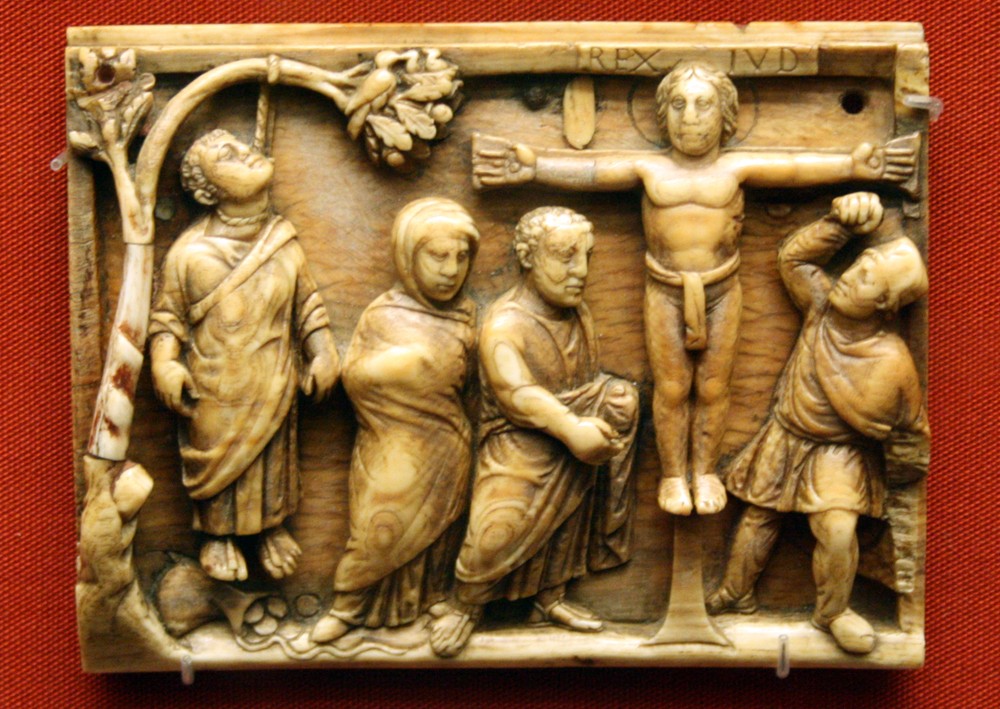 Holy and Great Friday. The crucifixion of Christ, and the death of Judas. Ivory. British Museum. 420-430 AD.