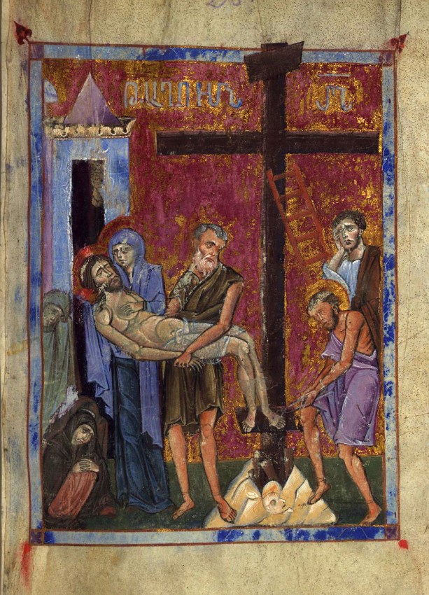 Holy and Great Friday. Taking Christ down from the Cross. Amenian book miniature. 8th c.