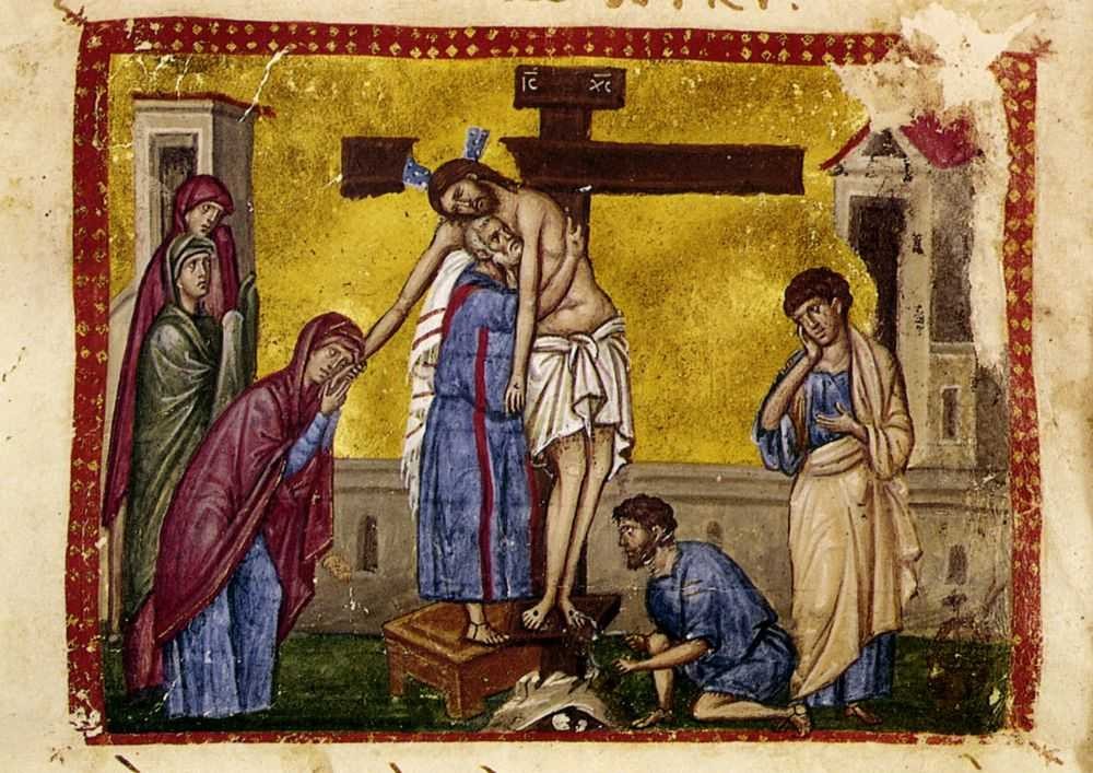 Holy and Great Friday. Taking Christ down from the Cross. Book miniature.