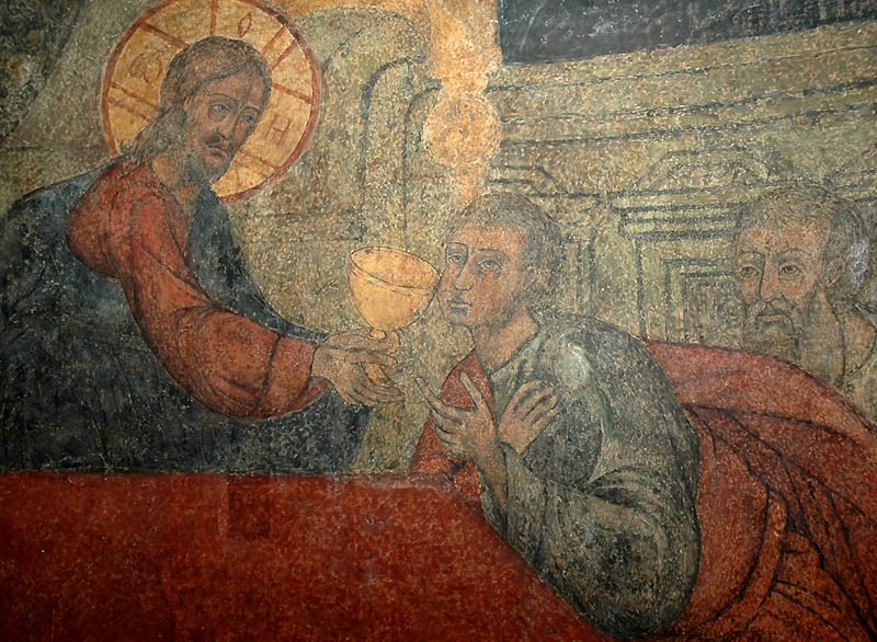 Holy and Great Thursday. The Apostles receiving Communion. Fresco in the Cathedral of the Vladimir Icon of the Mother of God, Sretensky Monastery, Moscow.  