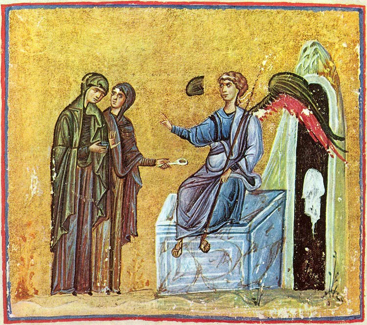 Жены-мироносицы и ангел на гробе. Византийская миниатюра