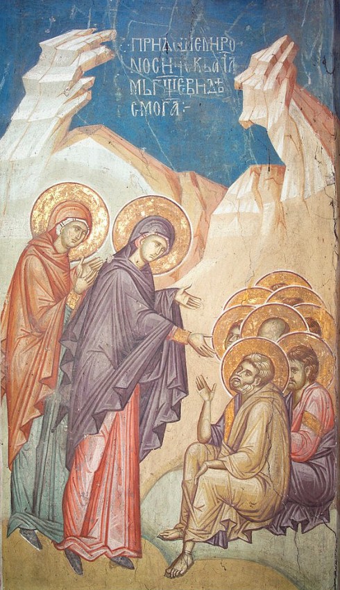 Οι μυροφόρες ενημερώνουν τους αποστόλους για την Ανάσταση του Χριστού. Τοιχογραφία από την Ιερά Μονής Βίσοκι Ντέτσανι, Σερβία. 14ος αι.