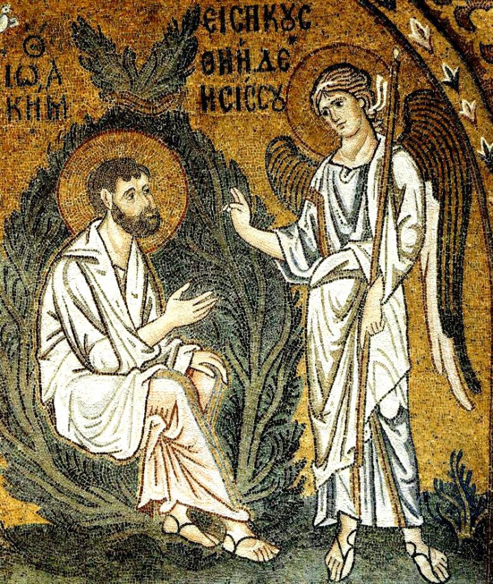 Благовещение святому Иоакиму. Мозаика. 1100 г., монастырь Успения Божией Матери, Дафни, Греция
