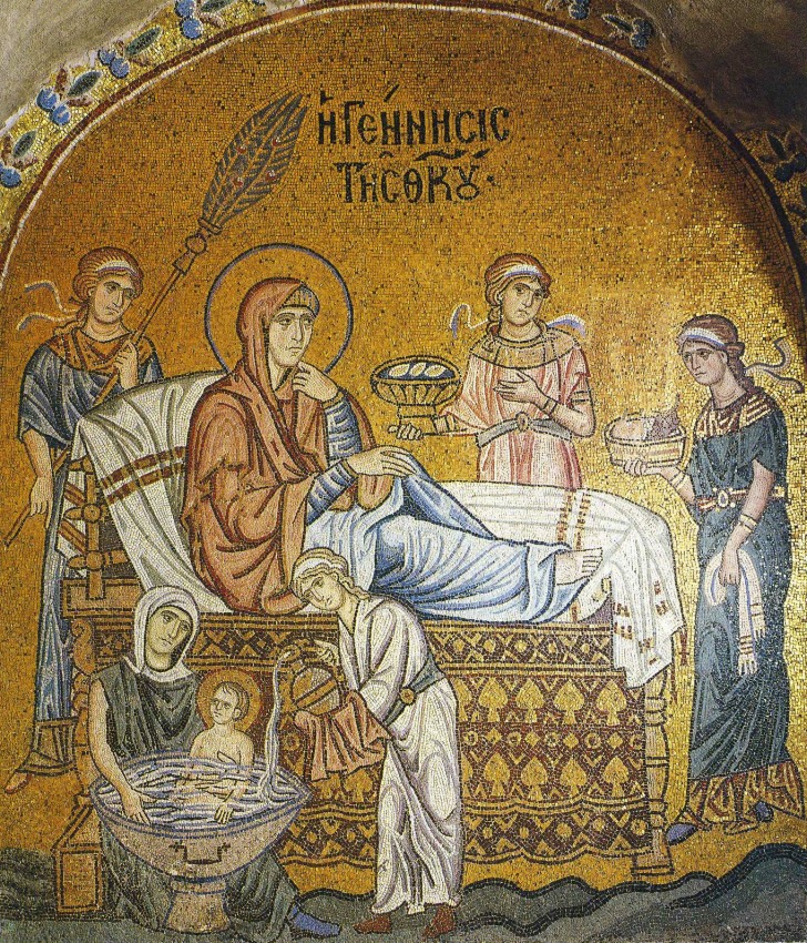 Рождество Пресвятой Богородицы. Мозаика. 1100 г., монастырь Успения Божией Матери, Дафни, Греция