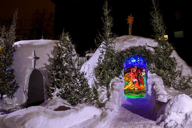 A purely Russian tradition and joy—a manger scene made of snow.