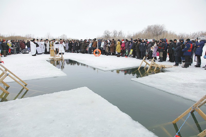 The Karaganda Diocese, an ice hole for the Blessing of the Waters on Lake Jartas.