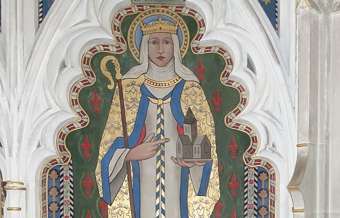 Depiction of St. Withburgh on the painted panel behind the High Altar of St. Nicholas Church, Dereham, Norfolk (kindly provided by the churchwarden of St. Nicholas Church)