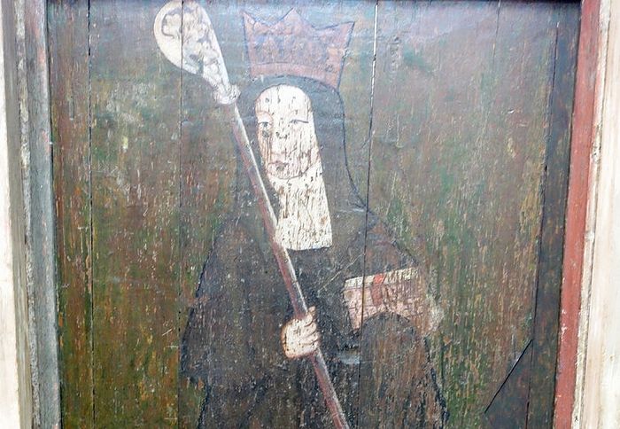 Painting of St. Withburgh on the fifteenth-century screen in the Lady Chapel of St. Nicholas Church, Dereham, Norfolk (kindly provided by the churchwarden of St. Nicholas Church)