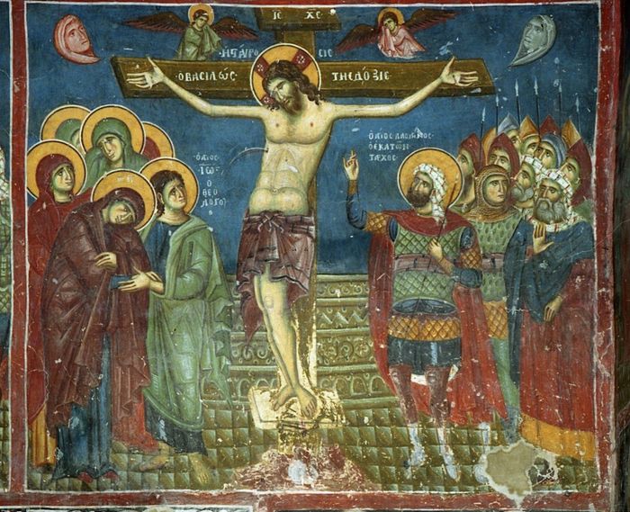 Holy and Great Friday. The Crucifixion. Fresco in the Church of St. Nicholas in Prilepe, Macadonia. 11th-13th c.
