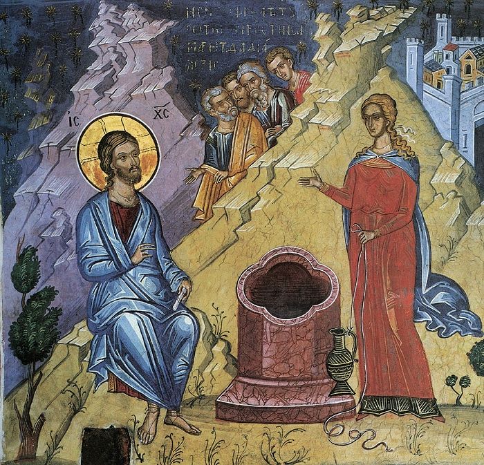 Христос и Самарянка. Фреска из монастыря Дионисиат (Афон)
