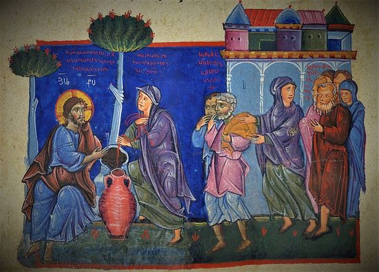 Беседа Христа с самарянкой (Ин.4, 4-29). Миниатюра из Евангелия. Армения. XIII в.