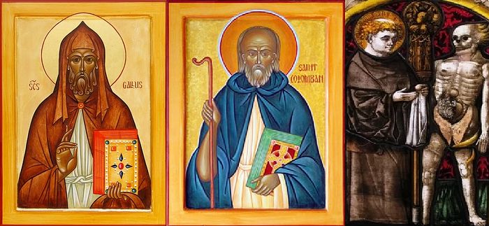 St. Gall (left, photo: johnsanidopoulos.com), St. Columban (center, photo: catholic.org), St. Fridolin (right, photo: catholicsaints.info)