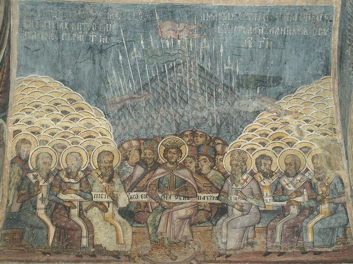The First Council of Nicea, wall painting at the church of Stavropoleos, Bucharest, Romania. Photo: Wikipedia