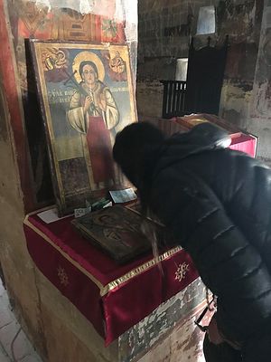 St. Bosiljka's relics are in the stone column behind her icon