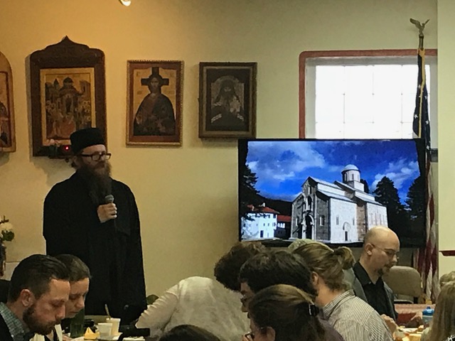 Monk Sophronios giving a talk in America on life in Kosovo